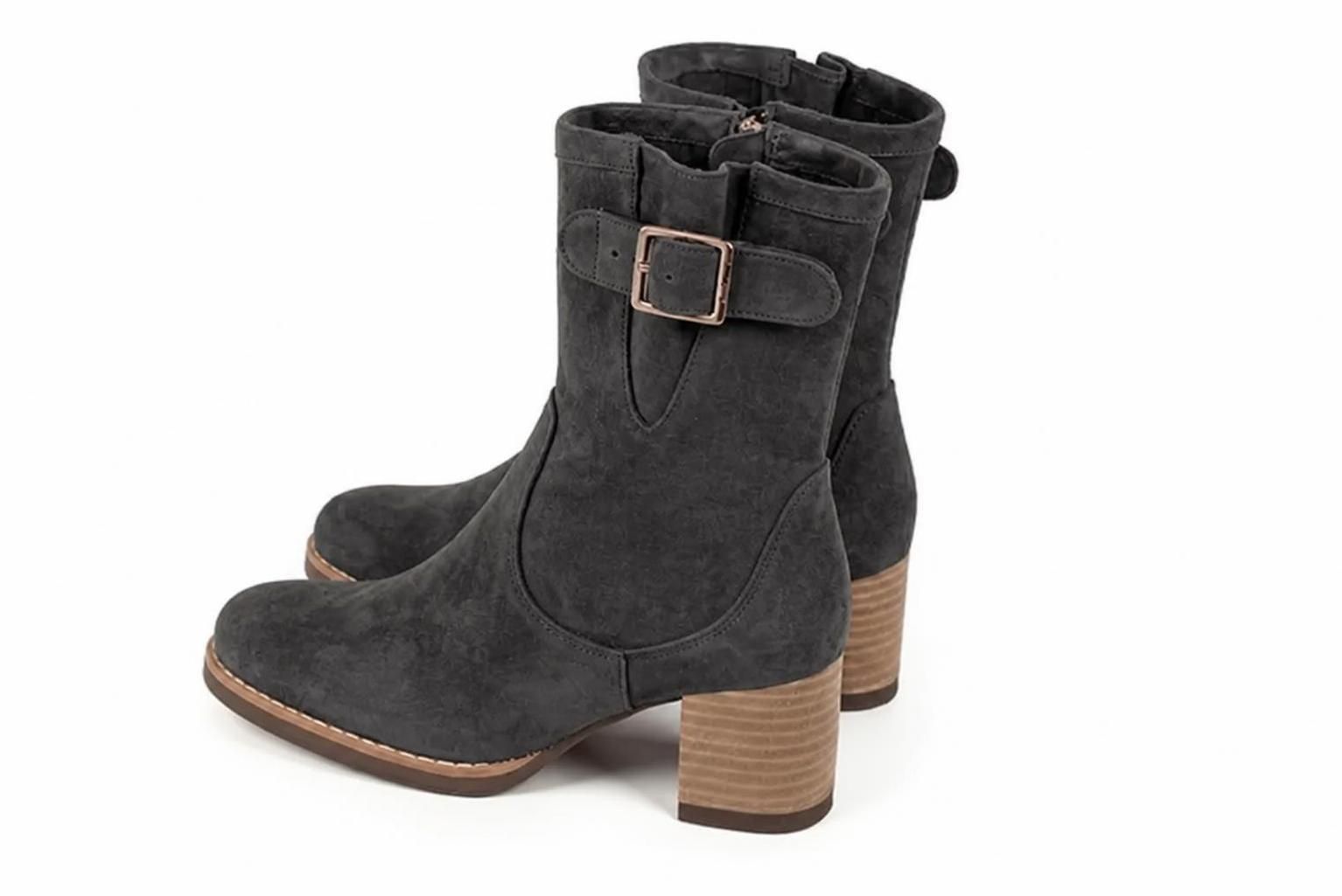 Women's charcoal gray side-buckle ankle boots with round toe and mid block heel - Rear view